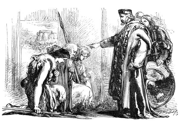 istock Play of William Shakespeare, Cymbeline, three persons kneeling in front of the king 2195110402