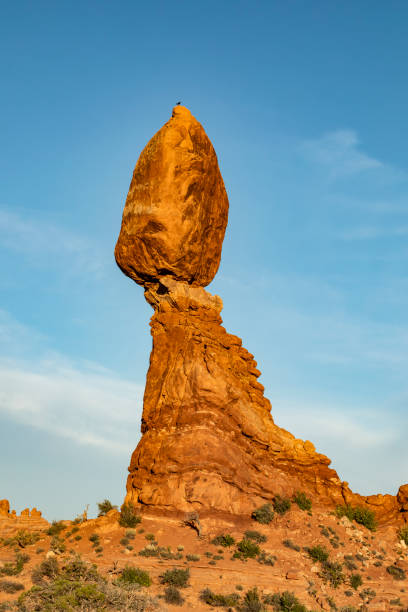 A stunning view of Balanced Rock at Arches National Park, illuminated by golden sunlight against a clear blue sky. A crow perches atop the unique rock formation, adding interest to the scene.