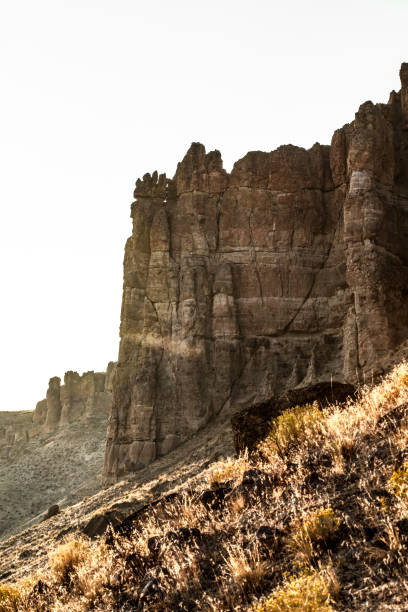 Sunlight illuminates an immense rock formation in a desert setting, showcasing captivating geological structures under warm hues cast by the golden hour's light.