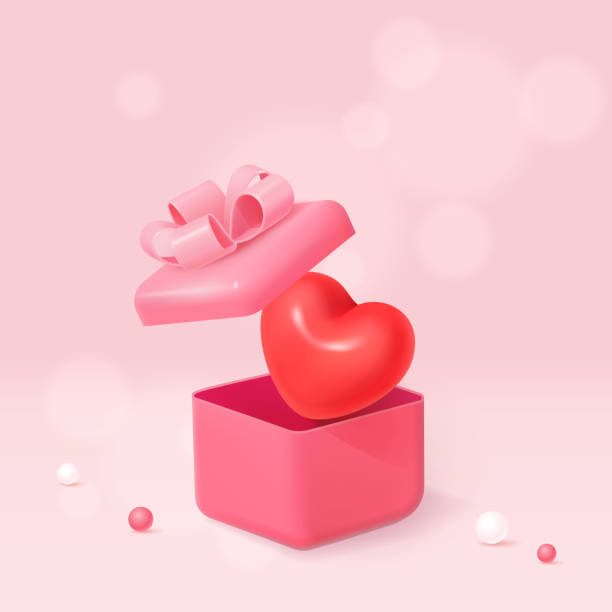 istock Happy Valentine's Day card with 3d realistic heart, gift box, rainbow and cloud. 2195118936