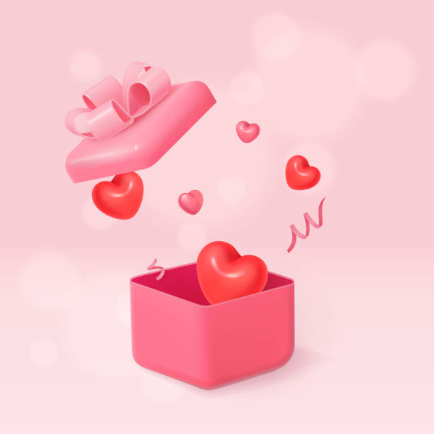 istock Happy Valentine's Day card with 3d realistic heart, gift box, rainbow and cloud. 2195118937