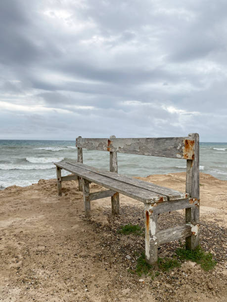 istock wooden bench on deserted beach 2195119076