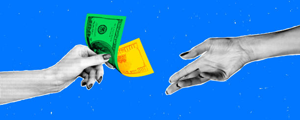 istock Collage of hands exchanging paper currency in a retro halftone style against a vibrant blue background, highlighting the theme of money and financial transactions with a creative textures and colors. 2195119158