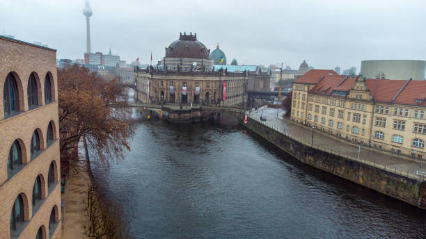 Aerial view on  Bode-Museum in Berlin and Spree river  and Fernsehturm