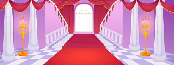 istock Vector image of palace interior with a large ballroom, red carpet and curtains, burning candlesticks, 2195125791