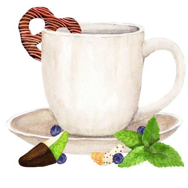 istock Watercolor composition of tea mug with pretzel, mint and fruit covered chocolate 2195127388