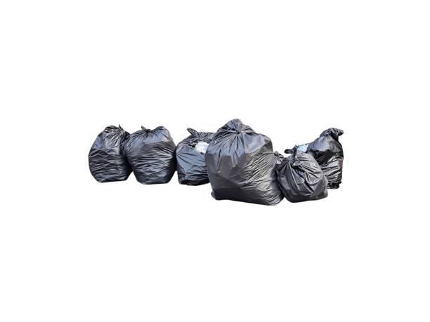 istock Black plastic garbage bag isolated on white background. Waste management. Housekeeping concept 2195128324
