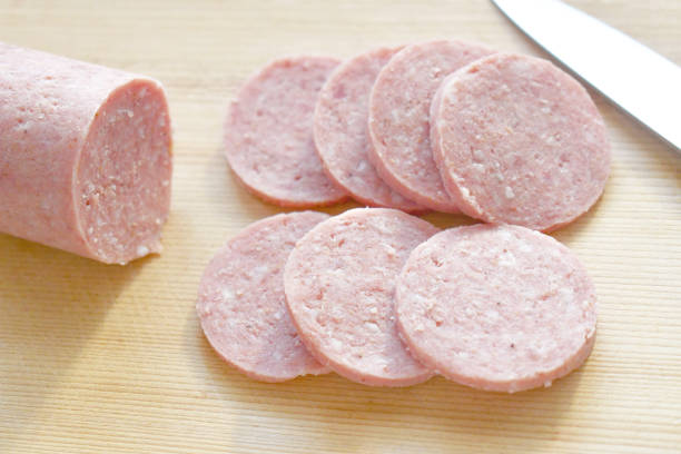 istock Pork salami sausage slices. 2195133030