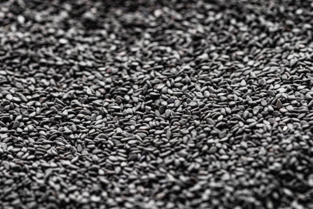 Flat lay of nutty and aromatic black sesame seeds  ideal for adding a touch of flavor and color. Part of a food series.