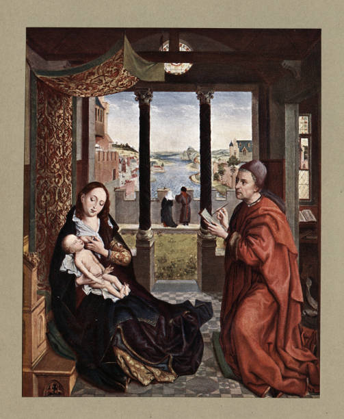 Saint Luke Drawing the Virgin, Rogier van der Weyden,  it shows Luke the Evangelist, patron saint of artists, sketching the Virgin Mary as she nurses the Child Jesus, Dutch 15th Century art