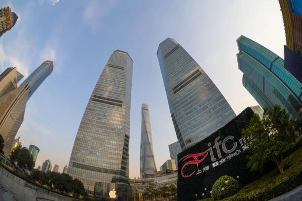 Shanghai, China. January 8, 2025. wide angle panoramic view from below of modern skyscrapers in the city center