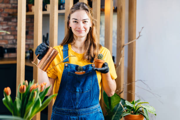 istock Daily chores, cute woman, mini cactus garden, warm home kitchen backdrop. 2195140021