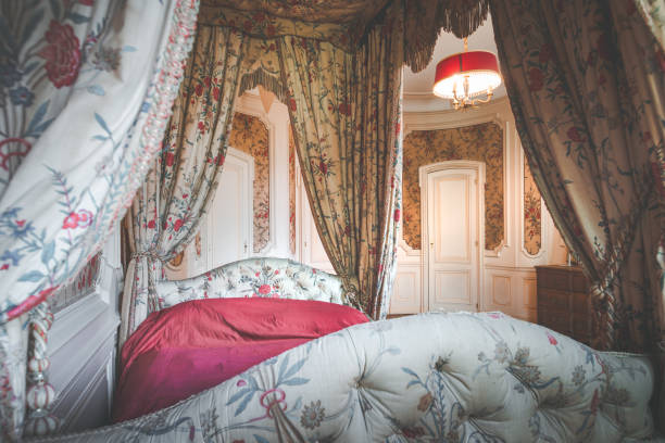 istock Elegant vintage bedroom with canopy bed and floral pattern curtains 2195140349