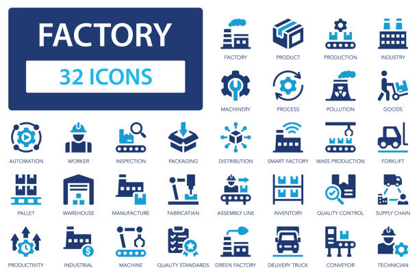 ilustraciones, imágenes clip art, dibujos animados e iconos de stock de colección de iconos planos de fábrica. producción, fabricación, máquina, industria, almacén, fábrica inteligente, fabricación, control de calidad, automatización, conjunto de letreros de mercancías. - herramientas de fabricación