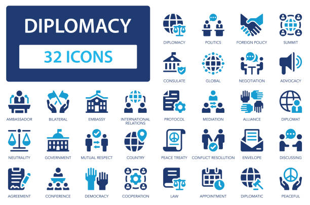 stockillustraties, clipart, cartoons en iconen met diplomacy flat icons collection. leader, international relations, ambassador, negotiation, peace, arbitration, peace treaty, consulate, neutrality, policy, diplomat, speech, migration, economy sign set. - overheid