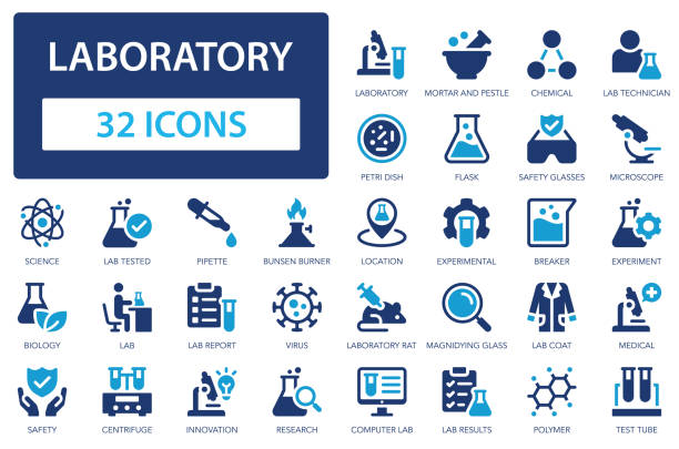 Laboratory flat icons collection. Science, virus, biology, safety, mortar, lab, microscope, beaker, technician, esearch, chemical, experiment sign set. Laboratory flat icons collection. Science, virus, biology, safety, mortar, lab, microscope, beaker, technician, esearch, chemical, experiment sign set. chemistry stock illustrations