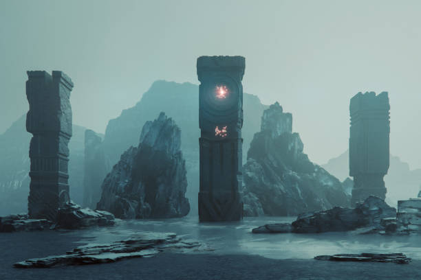 Ancient megaliths on frozen exo planet. 3D generated image.