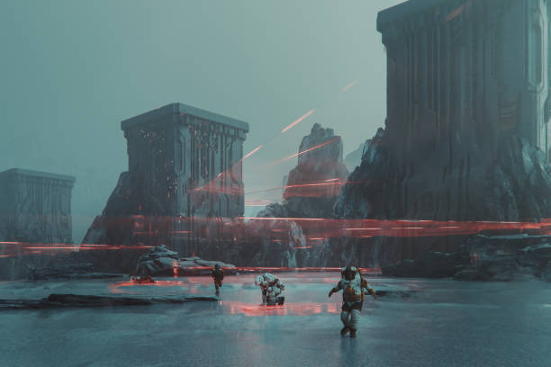 Astronauts on frozen exo planet with ancient megaliths. 3D generated image.