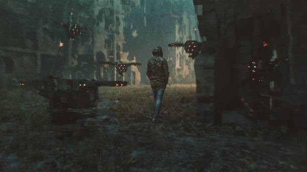 istock Man walking in ruined city with surveillance drones 2195144825