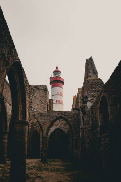 Plougonvelin, France – May 20, 2025: The ruins of the medieval Abbaye Saint-Mathieu de Fine-Terre and the 19th-century lighthouse at Pointe Saint-Mathieu in Finistère, Brittany, France, captured in warm evening light.