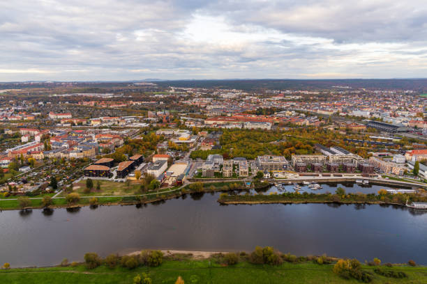 istock Panoramic view of Dresden from hot air balloon. Elbe River flows through city, creating picturesque landscape. Germany. Aerial view 2195156796