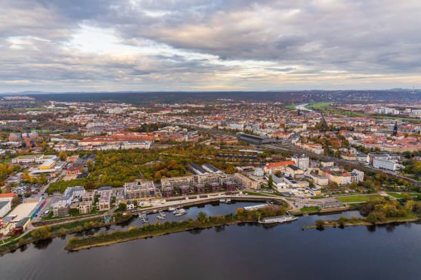 istock Panoramic view of Dresden from hot air balloon. Elbe River flows through city, creating picturesque landscape. Germany. Aerial view 2195156801