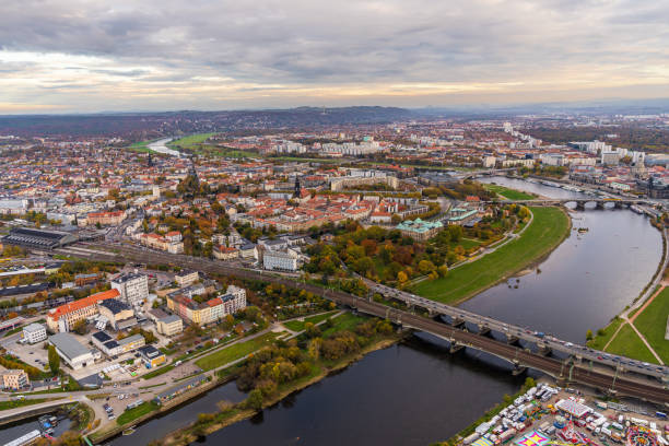 istock Panoramic view of Dresden from hot air balloon. Elbe River flows through city, creating picturesque landscape. Germany. Aerial view 2195156803