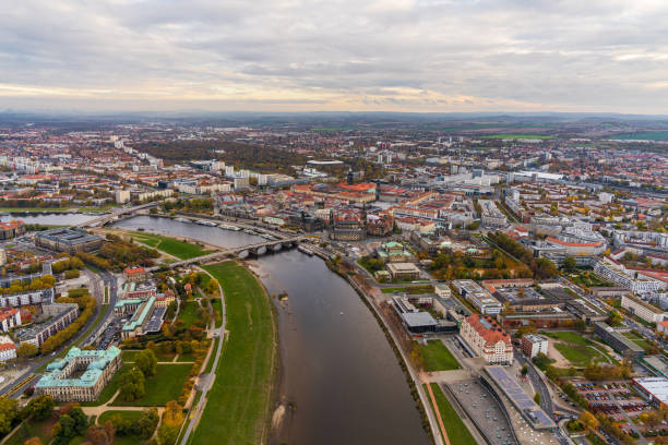 istock Panoramic view of Dresden from hot air balloon. Elbe River flows through city, creating picturesque landscape. Germany. Aerial view 2195156805