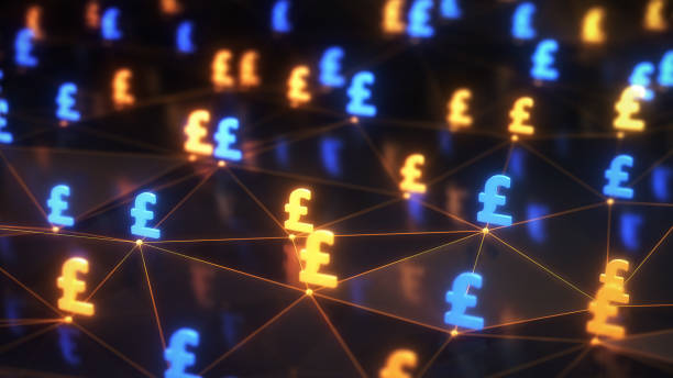 Yellow Blue Pound Symbol and Fall Rise Figures on Digital Abstract Technological Network Connections 3d Render Yellow Blue Pound Symbol and Fall Rise Figures on Digital Abstract Technological Network Connections, Finance Concept (Depth Of Field) british currency stock pictures, royalty-free photos & images