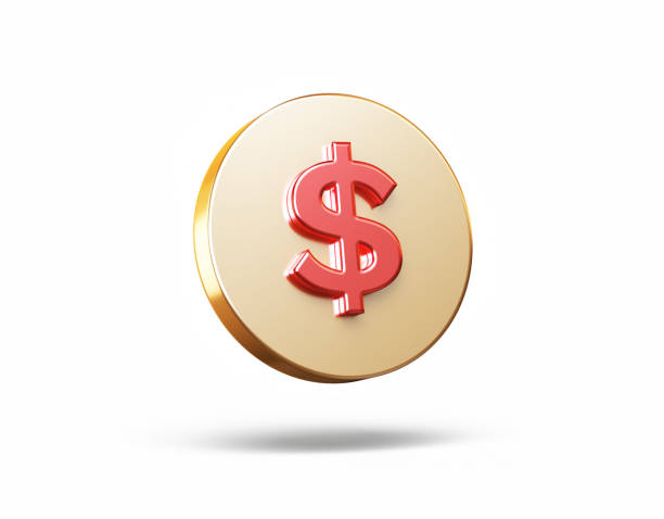 istock Red Dollar Symbol on Metalik Yellow Round Button, Object + Shadow Path 2195172859