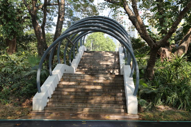 istock A white concrete bridge with an arched steel frame is located in the park, surrounded by trees and greenery 2195173186