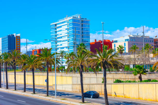Modern Barcelona street scene featuring palm trees, a clear blue sky, and colorful contemporary buildings, including a high-rise with reflective glass windows, alongside a road with minimal traffic