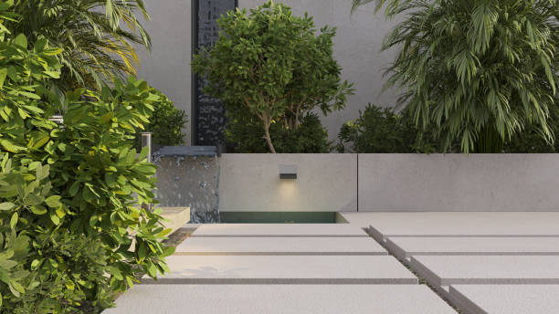 istock 3D Rendering, illustration of green garden, trees and shrubbery, water falling 2195179057
