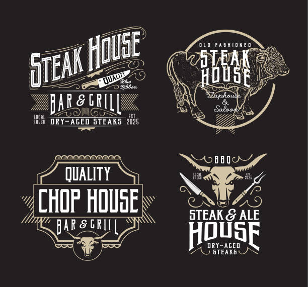 Vector illustration of a set of Steak House Bar and Grill label design with lot's of details  All text outlined expanded. Includes vector eps and high resolution jpg in download.