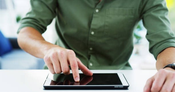 istock Connection, man and hands typing on tablet for social media scroll, streaming subscription and research. Person, digital technology and online for communication, reading ebook or application update 2195187412