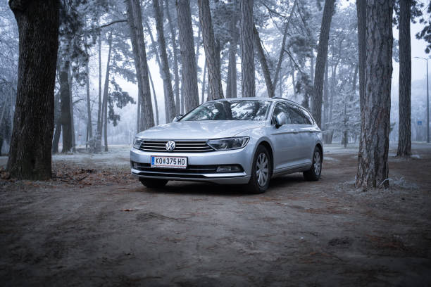 Silver Volkswagen Passat B8 Variant (station wagon) is parked in frosty misty pine forest setting. Palic, Serbia, 31.12.2024