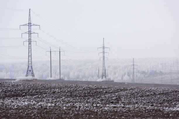 Electric poles on a snow-covered field horizontal