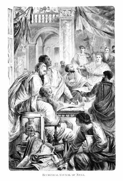 First ecumenical council in the Christian church, held in Nicaea, Asia Minor (modern day İznik, Turkiye), 325 AD. Engraving published 1882. Original edition is from my own archives. Copyright has expired and is in Public Domain.
