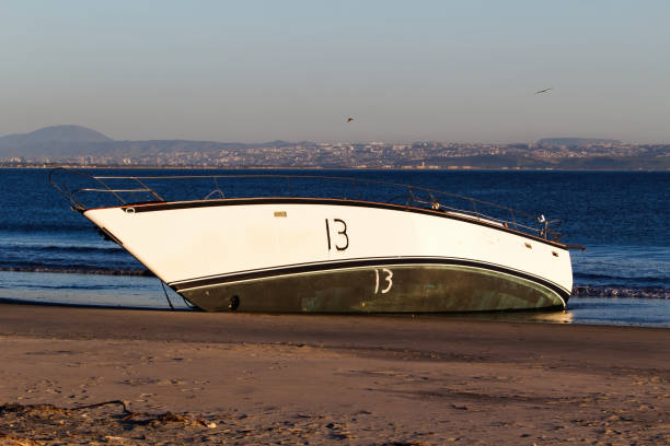 A lila boat on the sand close to an orange buoy. Cantabrian coast, Spain