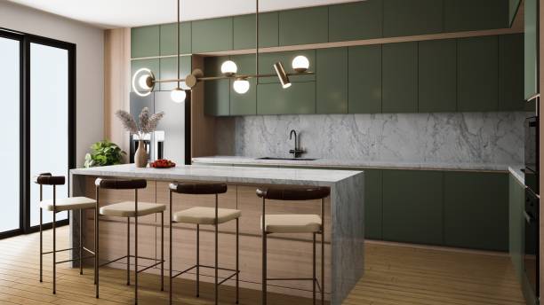 istock A modern kitchen featuring green cabinetry, a marble countertop, stylish lighting, and bar stools, creating an inviting and contemporary space for cooking and socializing. 3d rendering. 2195198294