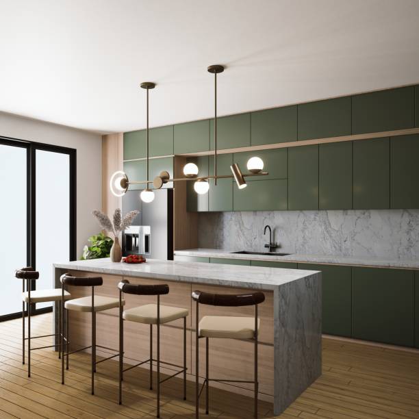 istock A modern kitchen featuring green cabinets, a marble countertop, stylish pendant lights, and sleek bar stools, creating an inviting and contemporary atmosphere. 3d rendering. 2195198307