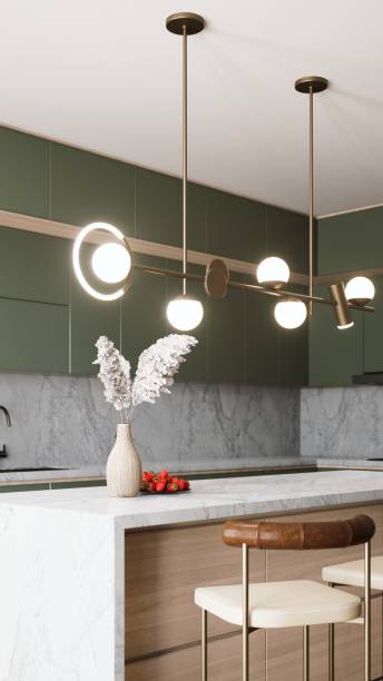 istock A modern kitchen featuring a stylish pendant light, a marble countertop, and decorative elements, creating a chic and inviting atmosphere. 3d rendering. 2195198309