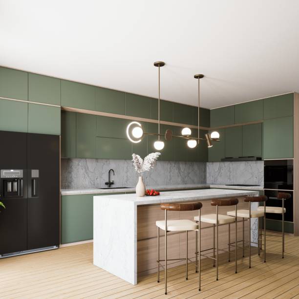 istock A modern kitchen featuring green cabinetry, minimalist design, a large island with seating, and stylish pendant lighting. 3d rendering. 2195198315
