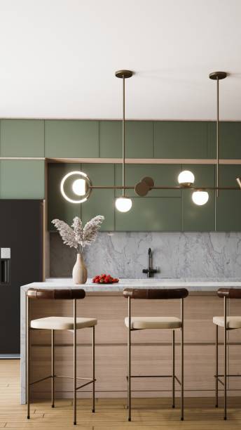 istock A modern kitchen featuring a stylish island, minimalist decor, elegant lighting, and a contemporary color scheme. 3d rendering. 2195198316