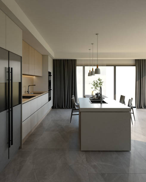 istock A modern kitchen featuring sleek cabinetry, an island with a sink, and large windows providing natural light. 3d rendering. 2195198341