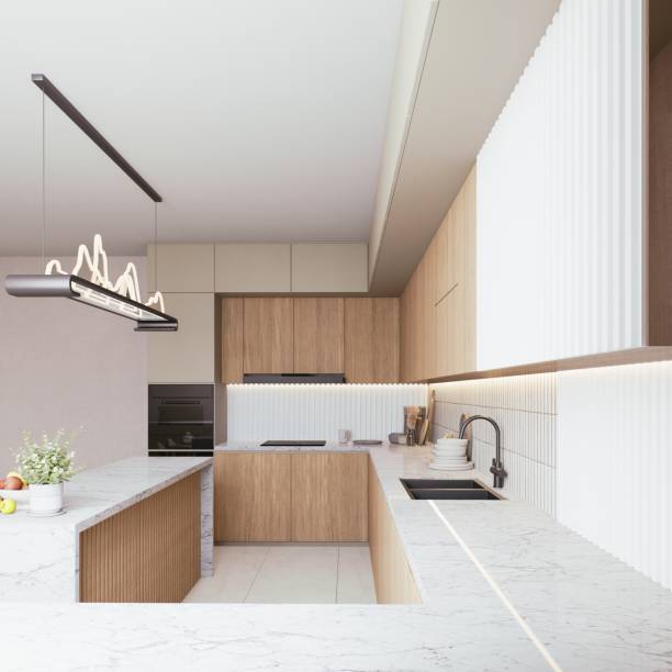 istock A modern kitchen featuring sleek cabinetry, marble countertops, and contemporary lighting, combining functionality with stylish design. 3d rendering. 2195198362