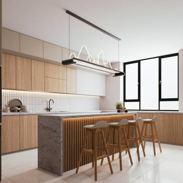 istock Modern kitchen with wooden cabinets, a marble island, stylish bar stools, and a unique light fixture, featuring a bright, airy atmosphere. 3d rendering. 2195198364