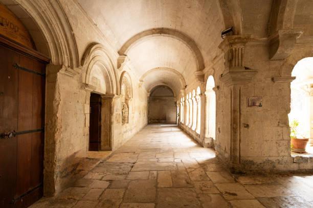 St. Remy, Provence, France - June 19, 2024: Arched curved ceiling in the stone terrace around the central courtyard at St. Paul de Mausole Asylum, 11th century monastery where van Gogh lived a year after cutting off his ear, Provence, Europe
