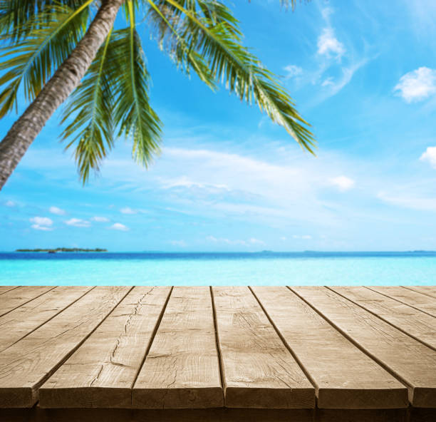 istock Empty wooden table top with tropical turquoise sea and coconut palm tree background 2195204748