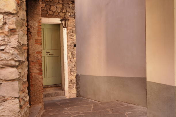 View of some details in an alley of the old Town of Gandria. Canton Ticino, Lake Lugano,  Switzerland